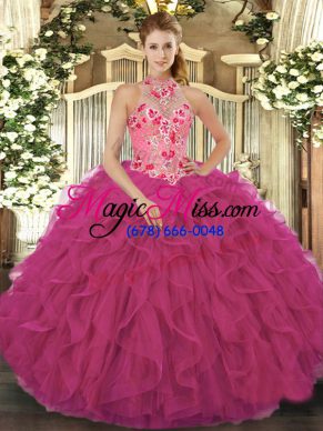 Beautiful Hot Pink Halter Top Neckline Beading and Embroidery and Ruffles 15 Quinceanera Dress Sleeveless Lace Up