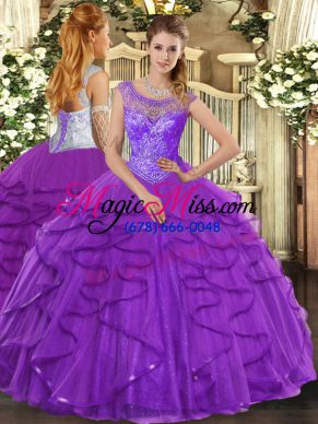 Colorful Floor Length Lace Up 15 Quinceanera Dress Purple for Sweet 16 and Quinceanera with Beading and Ruffles