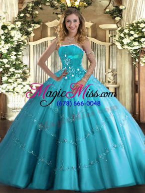 Perfect Aqua Blue Sleeveless Tulle Lace Up Quinceanera Gowns for Military Ball and Sweet 16 and Quinceanera