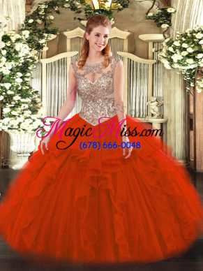 Red Ball Gowns Beading and Ruffles Quinceanera Dress Lace Up Tulle Sleeveless Floor Length
