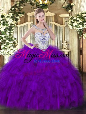 Lovely Purple Ball Gowns Beading and Ruffles 15 Quinceanera Dress Zipper Tulle Sleeveless Floor Length