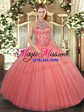 Halter Top Sleeveless Tulle Sweet 16 Dress Beading and Embroidery Lace Up