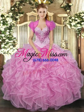High Class Sleeveless Floor Length Beading and Ruffles Lace Up Quinceanera Dress with Rose Pink