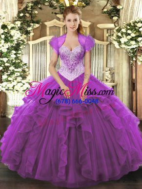 Eggplant Purple Lace Up Sweetheart Beading 15th Birthday Dress Tulle Sleeveless