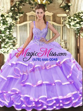 Organza Straps Sleeveless Lace Up Beading and Ruffled Layers Quince Ball Gowns in Lavender
