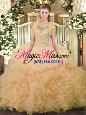 Champagne Scoop Neckline Beading and Ruffled Layers Ball Gown Prom Dress Sleeveless Clasp Handle
