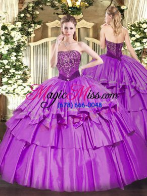 Classical Lilac Sleeveless Floor Length Beading and Ruffled Layers Lace Up Quince Ball Gowns
