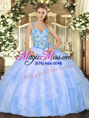 Floor Length Baby Blue Quinceanera Gown Organza Sleeveless Beading and Ruffles