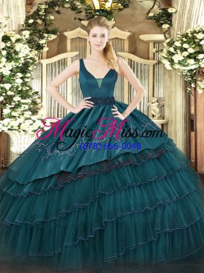 Colorful Teal Straps Zipper Beading and Embroidery and Ruffled Layers Quinceanera Gowns Sleeveless