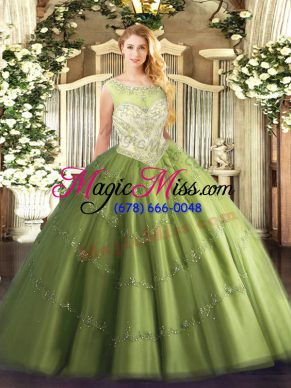 Olive Green Ball Gowns Scoop Cap Sleeves Tulle Floor Length Zipper Beading Quinceanera Dresses
