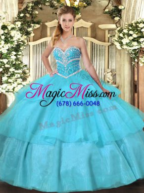 Fashionable Aqua Blue Sweetheart Neckline Beading and Ruffled Layers Ball Gown Prom Dress Sleeveless Lace Up
