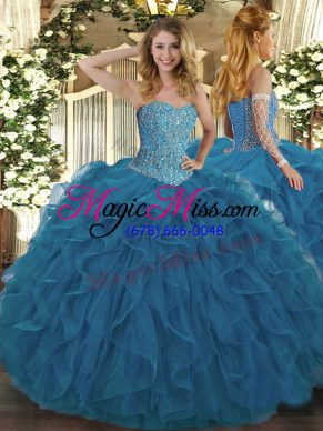 Modern Teal Sweetheart Lace Up Beading and Ruffles Sweet 16 Quinceanera Dress Sleeveless