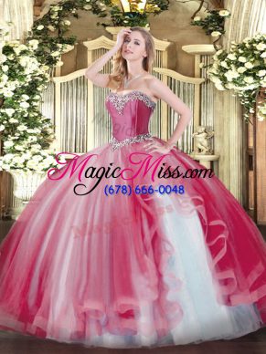 Extravagant Coral Red Sweetheart Neckline Beading and Ruffles Quince Ball Gowns Sleeveless Lace Up