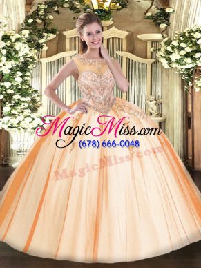 Extravagant Peach Ball Gowns Tulle Scoop Sleeveless Beading and Appliques Floor Length Zipper 15 Quinceanera Dress