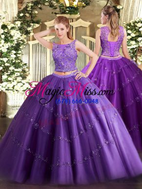 Sleeveless Floor Length Beading and Appliques Lace Up Quinceanera Dress with Purple