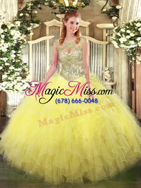 Customized Yellow Ball Gowns Beading and Ruffles Quinceanera Dress Lace Up Tulle Sleeveless Floor Length