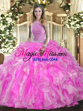 Fantastic Rose Pink Lace Up High-neck Beading and Ruffles Quinceanera Gown Organza Sleeveless