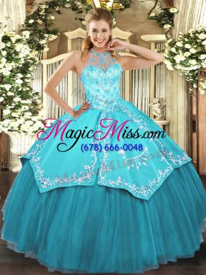 Pretty Halter Top Sleeveless Satin and Tulle Sweet 16 Dresses Beading and Embroidery Lace Up