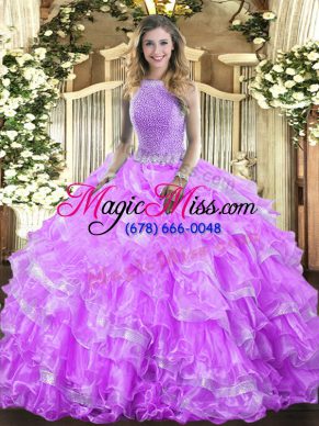 Ball Gowns Sweet 16 Dress Lavender High-neck Organza Sleeveless Floor Length Lace Up
