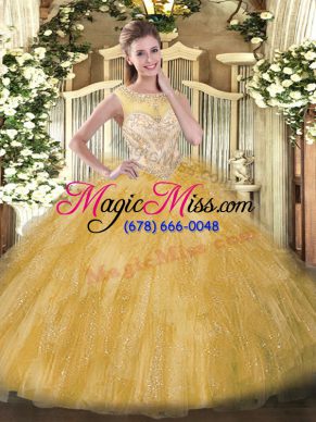 Gold Ball Gowns Organza Scoop Sleeveless Beading and Ruffles Floor Length Zipper Quinceanera Dresses