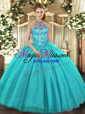 Aqua Blue Tulle Lace Up Halter Top Sleeveless Floor Length Sweet 16 Dresses Beading and Embroidery