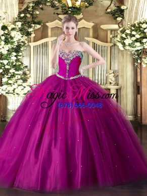 Fuchsia Lace Up Ball Gown Prom Dress Beading Sleeveless Floor Length