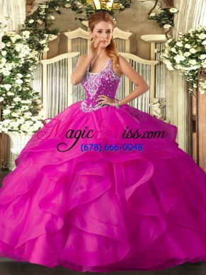 New Style Fuchsia Sleeveless Tulle Lace Up Vestidos de Quinceanera for Military Ball and Sweet 16 and Quinceanera