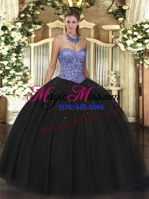 Custom Made Black Sleeveless Floor Length Beading Lace Up Sweet 16 Quinceanera Dress