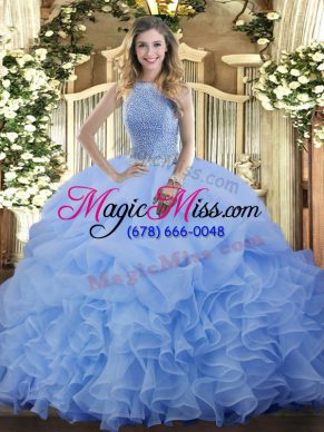 Customized Blue Lace Up High-neck Beading and Ruffles and Pick Ups Ball Gown Prom Dress Organza Sleeveless
