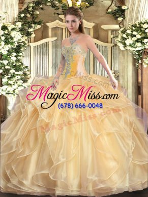 Nice Champagne Organza Lace Up Vestidos de Quinceanera Sleeveless Floor Length Beading and Ruffles