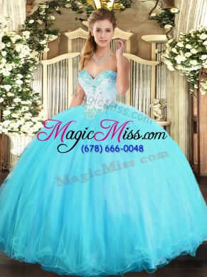 Eye-catching Aqua Blue Sweetheart Neckline Beading Ball Gown Prom Dress Sleeveless Lace Up