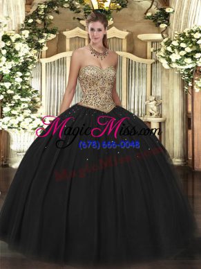 Black Sleeveless Floor Length Beading Lace Up Quinceanera Gowns