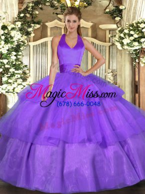 Lavender Sleeveless Floor Length Ruffled Layers Lace Up Quince Ball Gowns