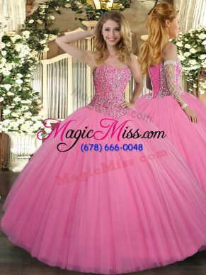 Fashionable Rose Pink Sleeveless Beading Floor Length Sweet 16 Dresses