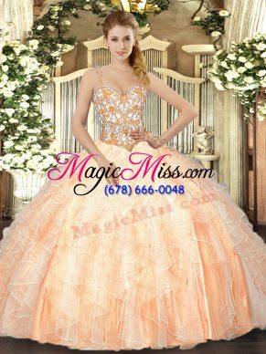 Floor Length Peach Ball Gown Prom Dress Organza Sleeveless Beading and Ruffles