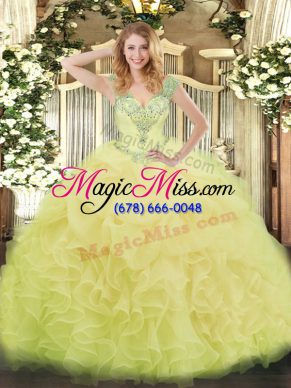 Dramatic Yellow Ball Gowns V-neck Sleeveless Organza Floor Length Lace Up Beading and Ruffles and Pick Ups 15 Quinceanera Dress
