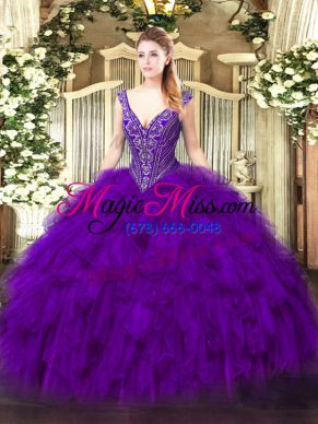 Comfortable Purple Vestidos de Quinceanera Military Ball and Sweet 16 and Quinceanera with Beading and Ruffles V-neck Sleeveless Lace Up