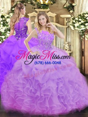 Artistic Lavender Ball Gowns Scoop Sleeveless Organza Floor Length Zipper Beading and Ruffles and Pick Ups Quinceanera Gown