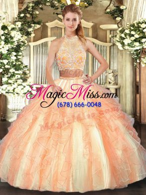 Gold Sleeveless Beading and Ruffled Layers Floor Length Quince Ball Gowns