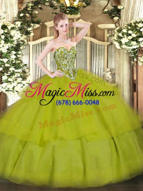 Olive Green Ball Gowns Beading and Ruffled Layers Quinceanera Dresses Lace Up Tulle Sleeveless Floor Length
