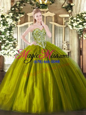 Excellent Floor Length Olive Green Quinceanera Dresses Tulle Sleeveless Beading
