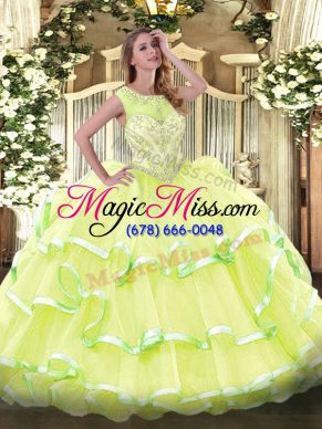 Noble Sleeveless Organza Floor Length Lace Up Sweet 16 Dress in Yellow Green with Beading and Ruffled Layers