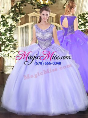 Cheap Lavender Organza Lace Up Scoop Sleeveless Floor Length Sweet 16 Quinceanera Dress Beading