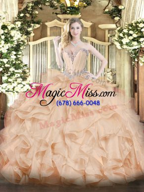 Affordable Peach Organza Lace Up Quince Ball Gowns Sleeveless Floor Length Beading and Ruffles