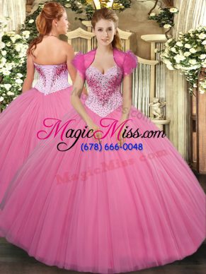Cheap Beading Ball Gown Prom Dress Rose Pink Lace Up Sleeveless Floor Length