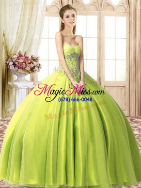 Yellow Green Tulle Lace Up Sweetheart Sleeveless Floor Length Sweet 16 Quinceanera Dress Beading