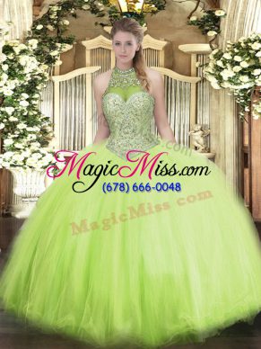 Most Popular Yellow Green Ball Gowns Beading Quinceanera Dress Lace Up Tulle Sleeveless Floor Length