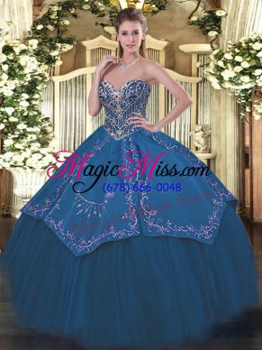 Customized Taffeta and Tulle Sweetheart Sleeveless Lace Up Beading and Embroidery Quince Ball Gowns in Blue