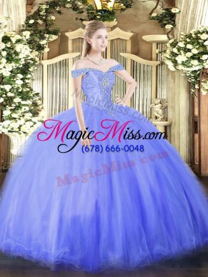 Glittering Blue Lace Up Off The Shoulder Beading Ball Gown Prom Dress Tulle Sleeveless