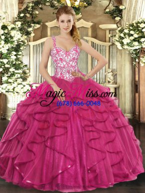 Sexy Sleeveless Beading and Appliques and Ruffles Lace Up Ball Gown Prom Dress